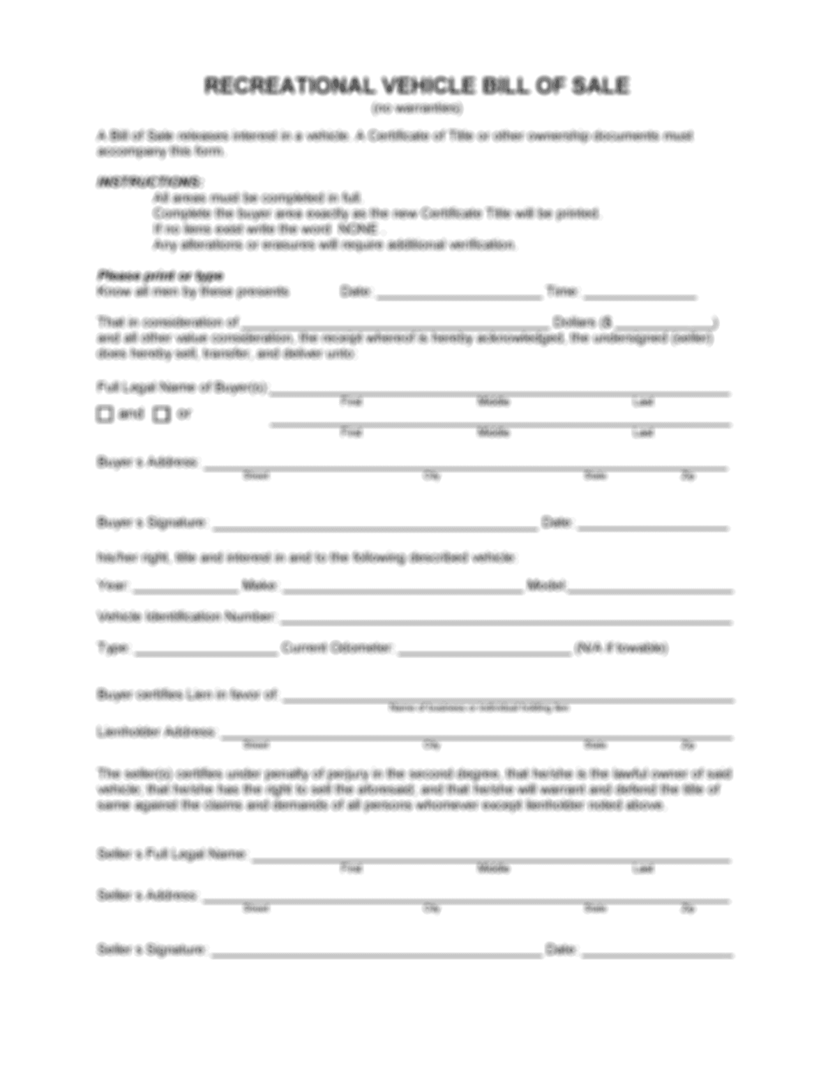 RV Bill of Sale Screenshot