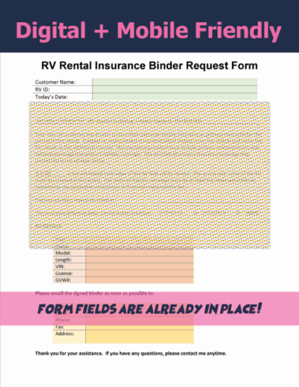 RV Rental Insurance Binder screenshot