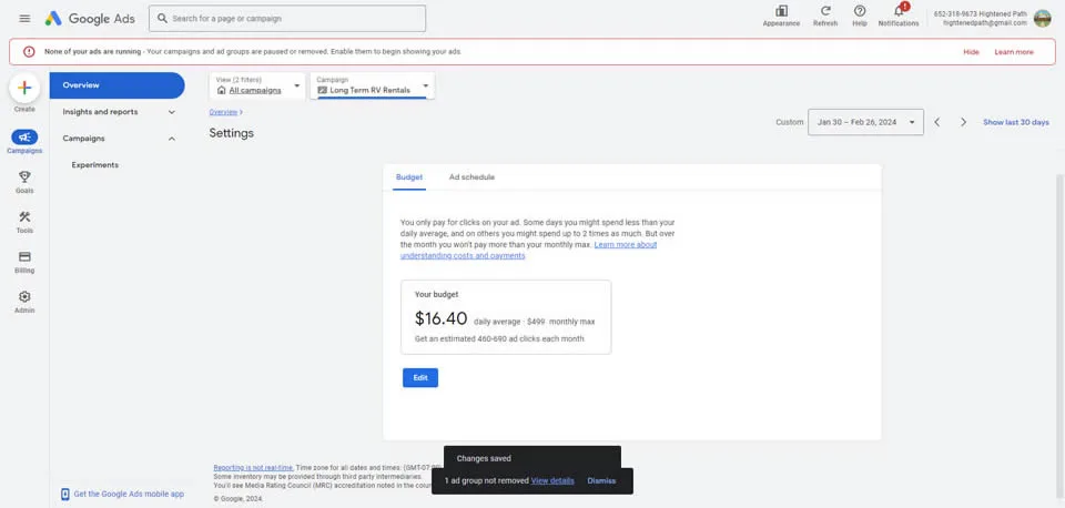 Motor Coaching RV rental advertising Google Adword cpc example