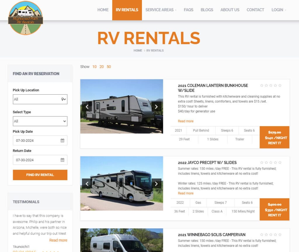motor coaching motorhomie RV Rental website front end example